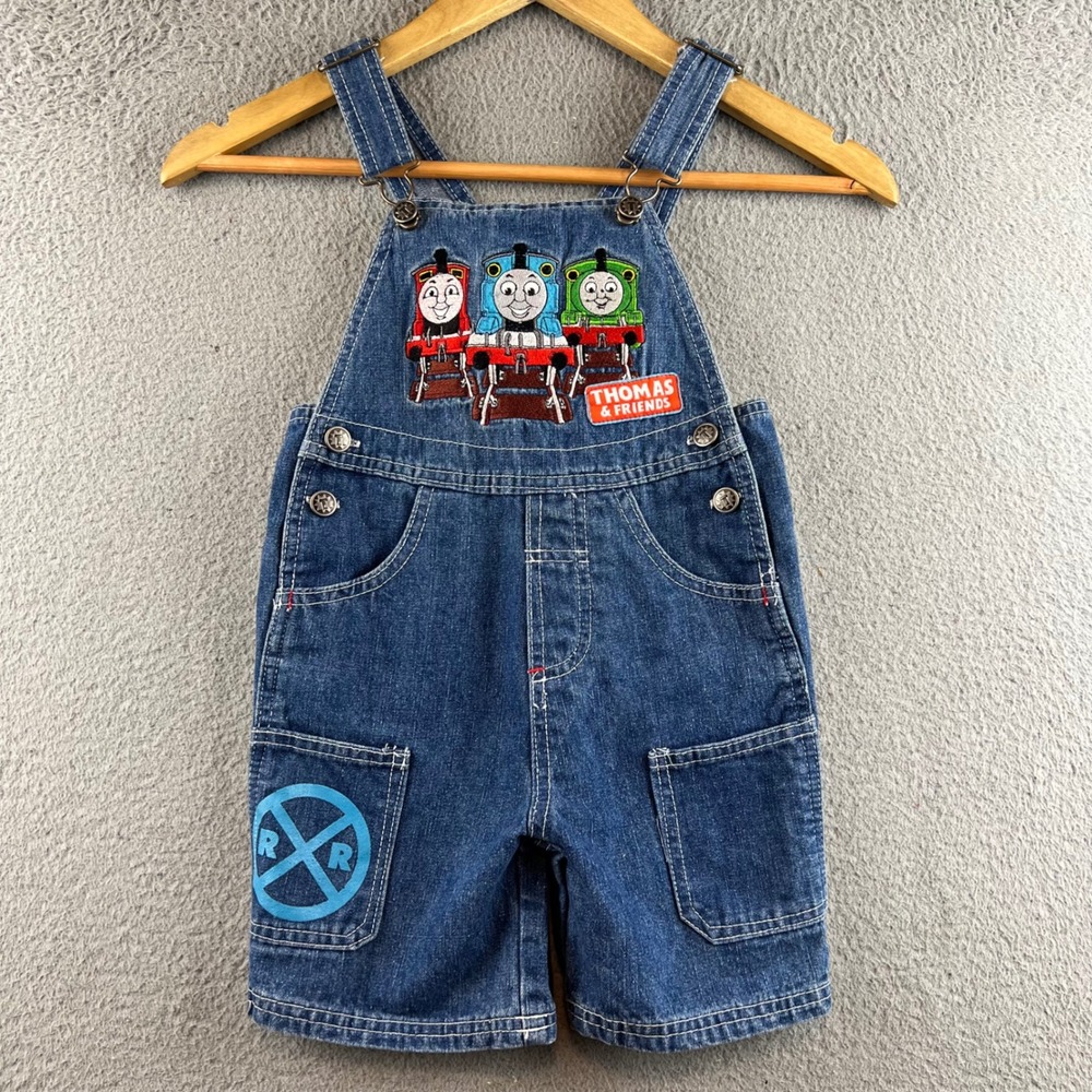 Thomas & Friends Kids Blue Denim Shortalls Embroidered Train Overalls Size 3T